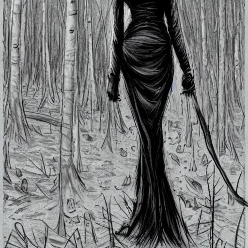 Image similar to tall slender woman with long grey hair in a black dress walking out of a swamp, concept art, high resolution, high quality, highly detailed, digitally painting, elaborate, by ec comics,