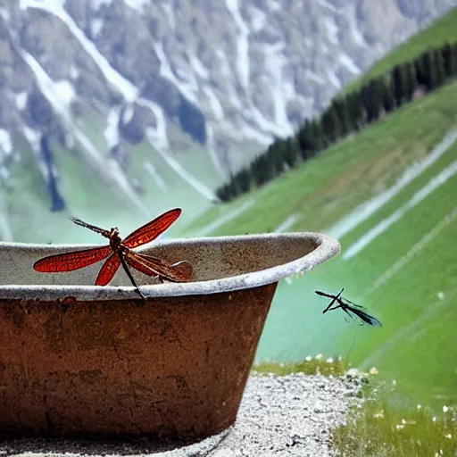 Image similar to dragonfly in a bathtub in the alps, goats!!!!!!!! in background