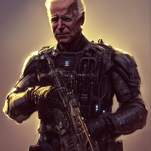 Image similar to joe biden as an evil T-800, dramatic lighting, cinematic, establishing shot, extremly high detail, photorealistic, cinematic lighting, artstation, style by James Gurney