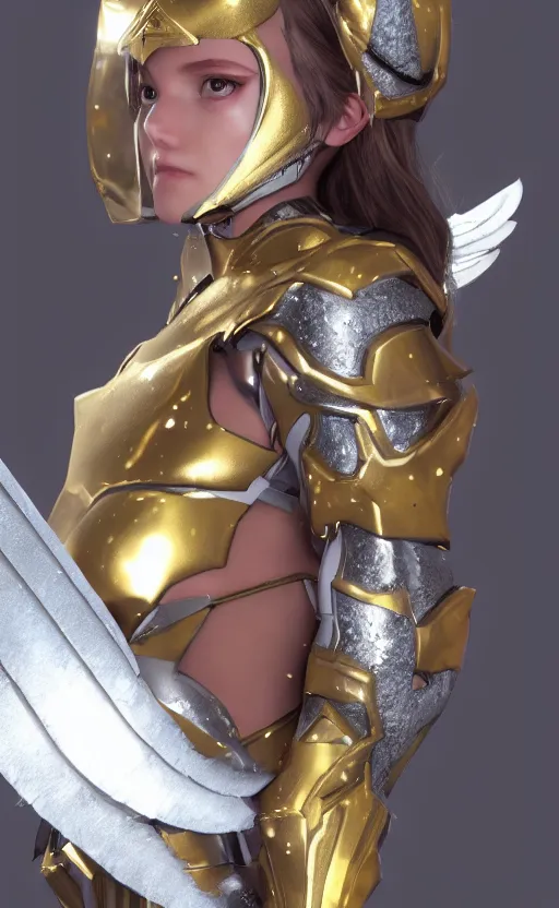 Image similar to Concept art, angel knight girl in golden and silver armor adorned with sapphire gems, artstation trending, octane render, cinematic, highly detailded