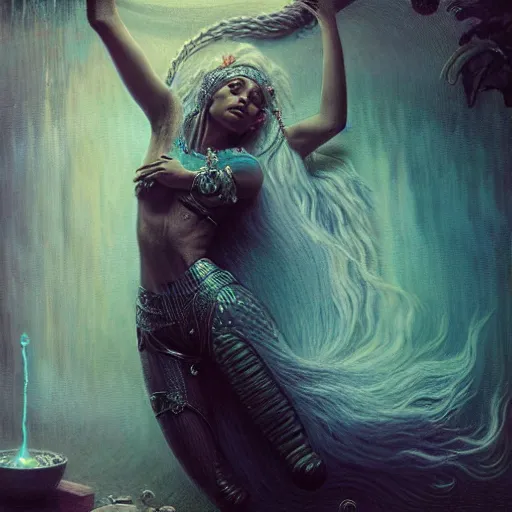 Image similar to techno mystic goddess princess intergalactica, goddess inanna, ashteroth, with aqua neon rapunzel dreadlocks, mami wata, detailed, by gaston bussiere, bayard wu, greg rutkowski, h. r. giger, greg rutkowski, sandro botticelli, masterpiece, sharp focus,