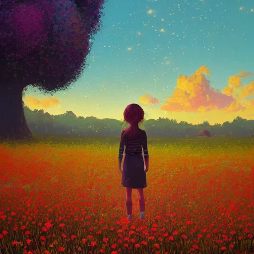 Prompt: girl with one flower as a face, in a field with flowers, hills, big trees, sunrise dramatic light, impressionist painting, colorful clouds, digital painting, pointillism, artstation, simon stalenhag