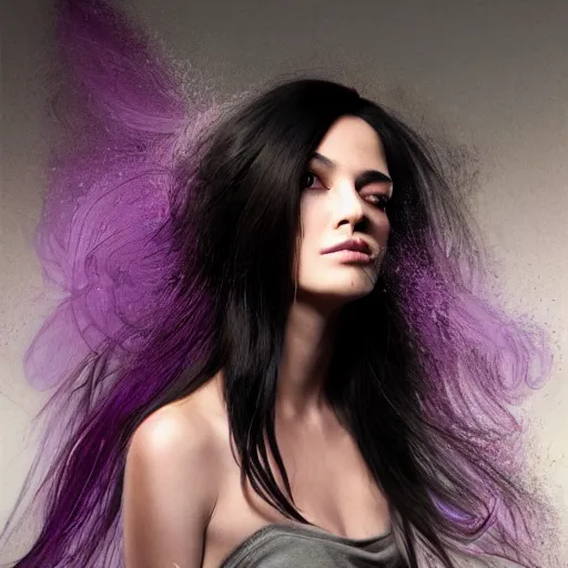 Image similar to masterpiece dynamic portrait of an aesthetic beautiful realistic black haired woman, purple strands, 3 0 years old woman, mid long hair, black eyed, by joachim bergauer and wlop, artstation, deviantart, large view, motion blur, high aperture, pouring acrylic chaotic background, detailed, intricate, 8 k