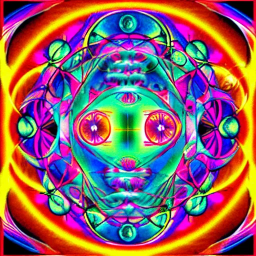 Prompt: dmt ego of death, over sacred geometry psychedelic hallucination