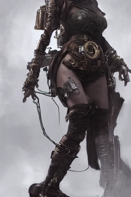 Prompt: steampunk assassin woman with prosthetic leg, character concept digital art design by cedric peyravernay