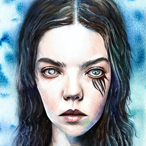 Image similar to full body detailed watercolor illustration of alien anya taylor - joy mixed with jennifer connelly, unsettling, hooded long black feathered cloak, uncanny valley, with black feathers instead of hair, gothic, guillermo del toro, gray mottled skin, pale and sickly, profile view, - - ar 9 : 1 6