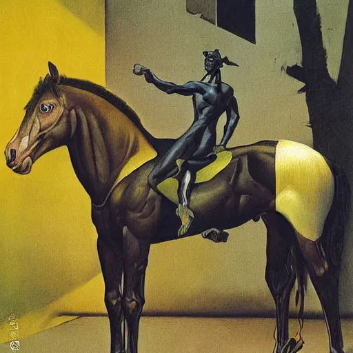 Image similar to ripped physique portrait horse-face Nightmarish Horse Man Warlock the Bobby Fischer camouflaged as a Pony wearing a yellow hoodie eyvind earle greg rutkowski edgar degas andrew wyeth giorgio de chirico