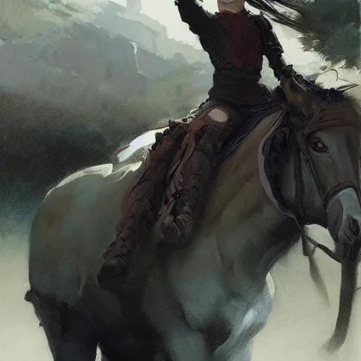 Image similar to a rider on the back of a horse, a storybook illustration by krenz cushart and phil hale, pixiv contest winner, fantasy art, official art, concept art, storybook illustration. detailed masterpiece.