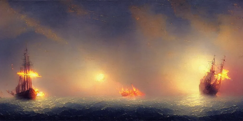 Prompt: attack ships on fire off the shoulder of orion by ivan aivazovsky