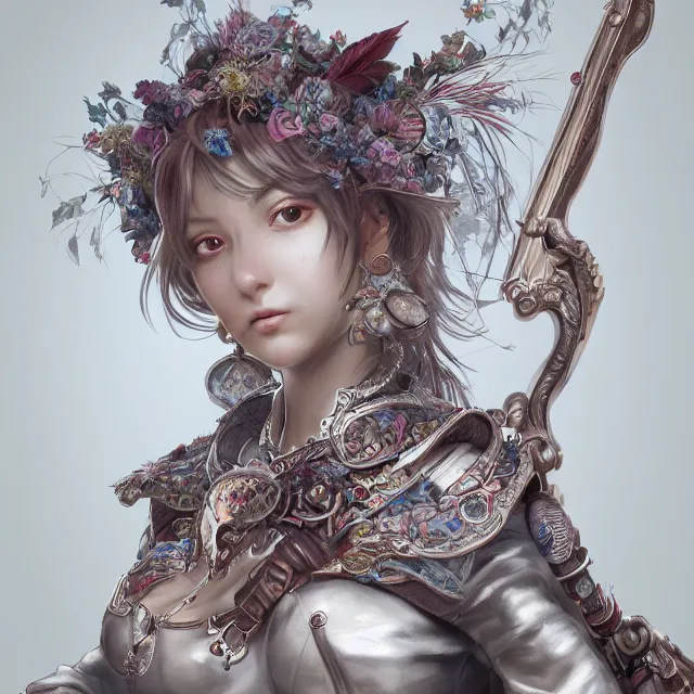 Image similar to studio portrait of neutral good colorful female cleric bard healer as absurdly beautiful, elegant, young skinny gravure idol, ultrafine hyperrealistic detailed face illustration by kim jung gi, irakli nadar, intricate linework, sharp focus, bright colors, matte, octopath traveler, final fantasy, unreal engine highly rendered, global illumination, radiant light, intricate environment