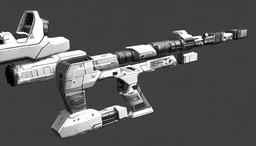 Image similar to extremely detailed realistic side view of a sci fi laser gatling gun, detailed trigger, chemically propelled, pattery powered, smooth streamline, battery and wires, railgun, tribarrel, gauss, elegant sleek smooth body, white paint, smooth utopian design, ultra high quality, minimalist, octane, cod, destiny, warframe, terminator