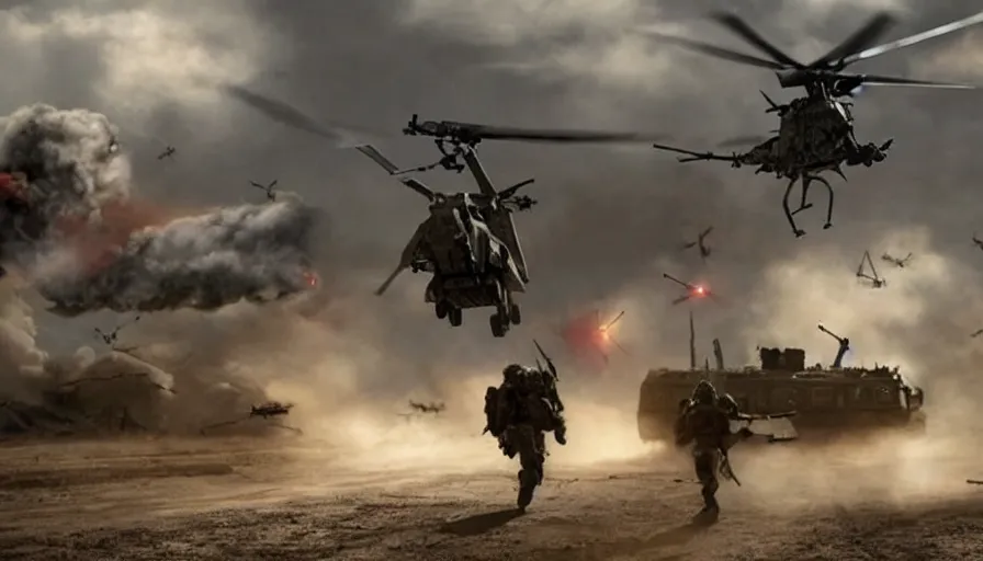Image similar to Big budget movie about a cyborg demon helicopter attacking a soldier with a minigun