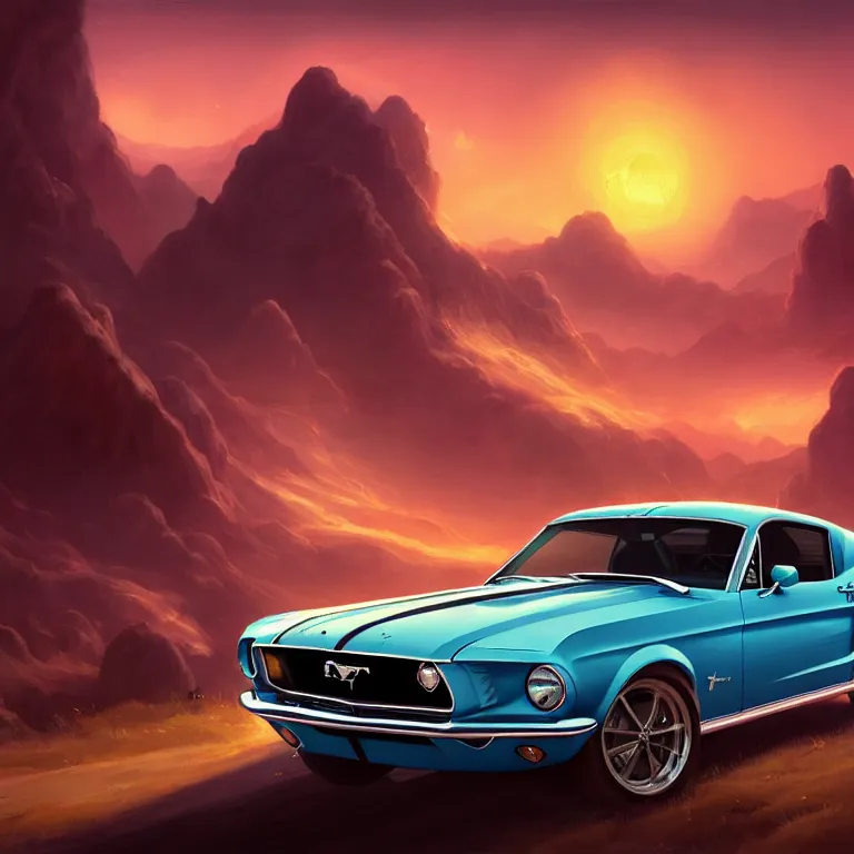 Image similar to wide view of a 1 9 6 8 mustang driving down a country road, coriolios rpg art style, full of details, warm sunset colors, matte painting, artstation, 8 k, hyperrealistic, style of peter mohrbacher, album cover