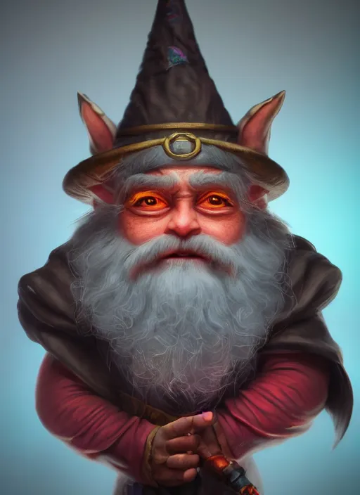 Image similar to a highly detailed airbrush painting of a evil mage gnome, trending on artstation, unreal 5, daz, hyperrealistic, octane render, dungeons and dragons, dynamic lighting