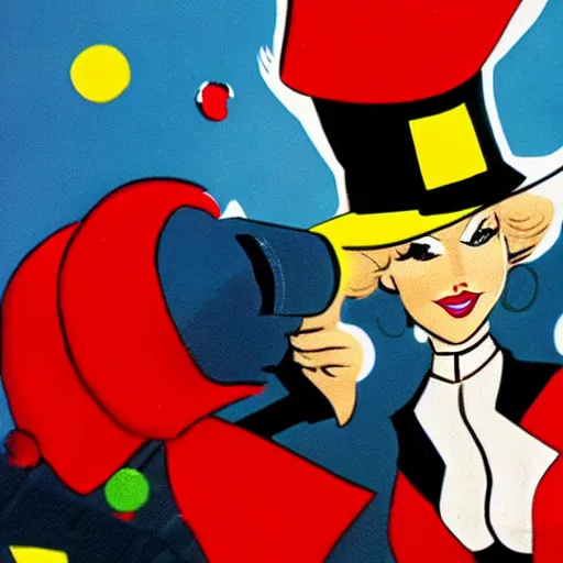 Prompt: carmen sandiego shooting a mace gun, high - res, art by dr. seuss