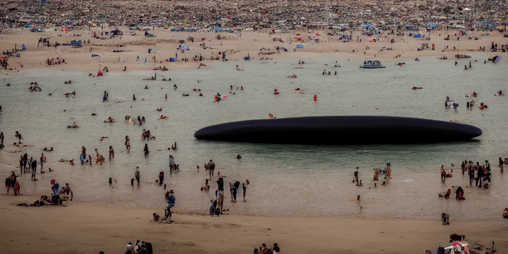 Prompt: large crowd at the beach, huge floating alien ship in the sky, cinematic, dramatic lighting, atmospheric, 5 0 mm lens, dark lighting