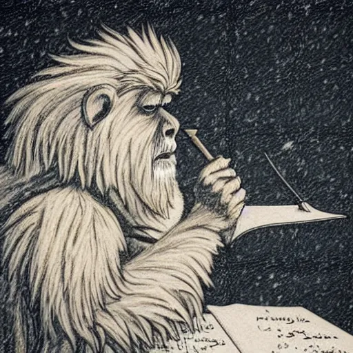 Image similar to a high detailed realistic photo of a long haired yeti writing on parchment with a quill in a windy snowstorm with fur being blown in the wind