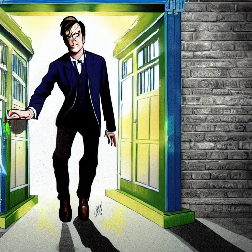 Prompt: An illustration of The Tenth Doctor stepping out of the Tardis, high definition, 4k, sharp focus