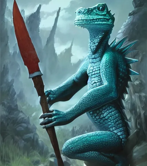 Prompt: dungeons & dragons character render, blue gray lizardman holding a large bone great - axe, half - plate armor, artwork by ross tran and ilya kuvshinov