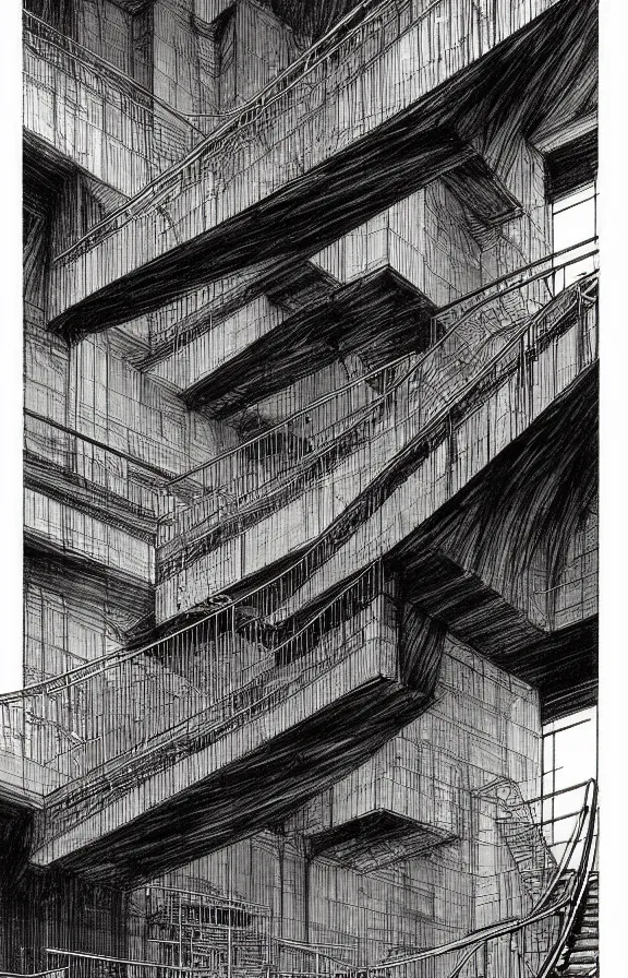 Prompt: classical landscape sketches of brutalist concrete structures, escherian stairwell, masterpiece, insanely detailed and intricate, super detailed by tsutomu nihei