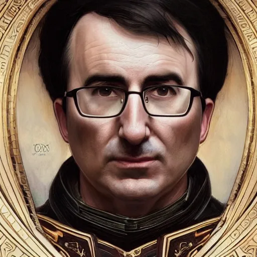 Image similar to portrait of stoic looking john oliver as the vigo carpathian painting, military uniform, fantasy, intricate, elegant, beautiful, highly detailed, centered, dark, smokey, digital painting, artstation, concept art, smooth, sharp focus, illustration, art by artgerm and greg rutkowski and alphonse mucha