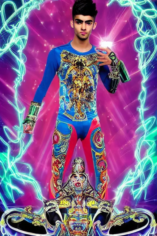 Image similar to full-body sculpture of a young handsome Zayn Malik as a mexican luchador cibernetic android with a glowing blue battery in his chest, white laser beam coming out of his eyes, crown of giant diamonds, flowing neon-colored silk, fabric, raptors, in a cyperbunk and baroque style. baroque elements. full-length view. baroque element. intricate artwork by caravaggio. many many birds birds on background. Trending on artstation, octane render, cinematic lighting from the right, hyper realism, octane render, 8k, depth of field, 3D