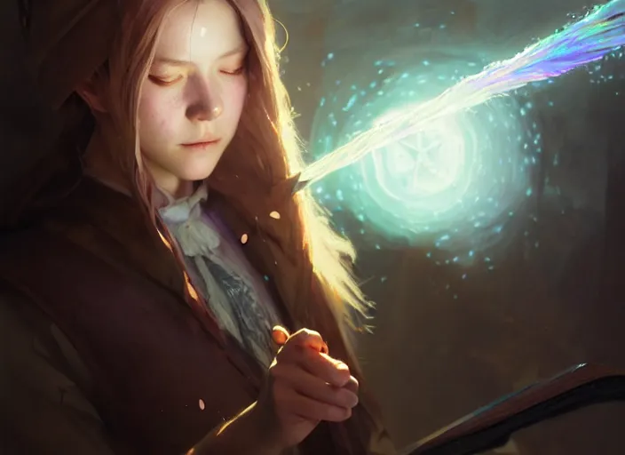 Image similar to rugged female college student witch, light iridescent hair color, magic school uniform, casting spells, fantasy, intricate, sharp focus, lens flare, bloom, illustration, highly detailed, digital painting, concept art, matte, art by ruan jia and wlop and greg rutkowski, masterpiece