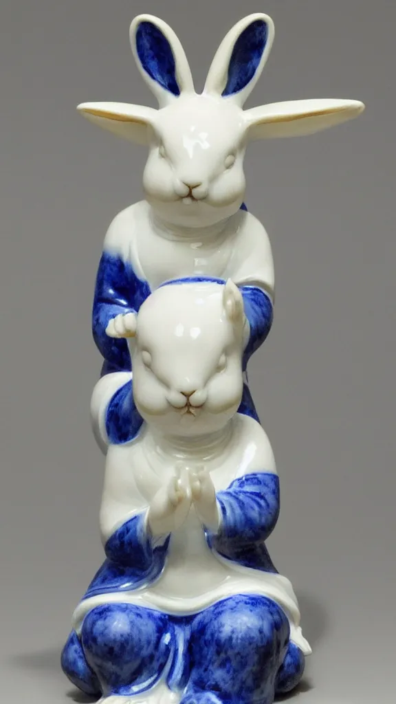 Image similar to porcelain rabbit head budda statue with blue arabesque details painted by john singer sargent