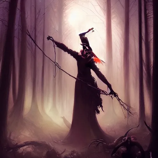 Prompt: witch performing a ritual in a dark forest painted by Raymond Swanland