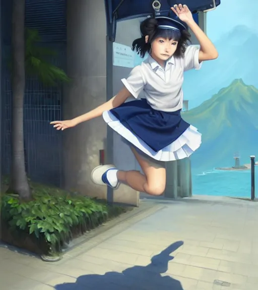 Image similar to portrait of an Italian Japanese teen female schoolgirl with short hair wearing a navy and white sepuku uniform and jumping outside a green trashbin in Kalakaua avenue in Waikiki, intricate, elegant, highly detailed, centered, digital painting, artstation, concept art, smooth, sharp focus, illustration, by Peter Mohrbacher, WLOP