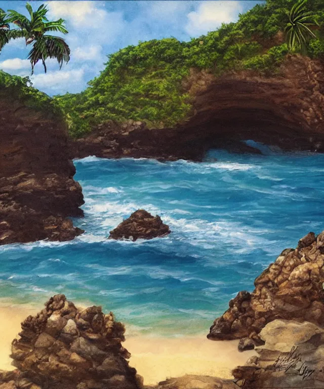 Image similar to photorealistic painting of turtle bay beach jamaica, sharp cliffs, island with cave, dark, atmospheric, brooding, smooth, finely detailed, cinematic, epic, in the style of larry elmore