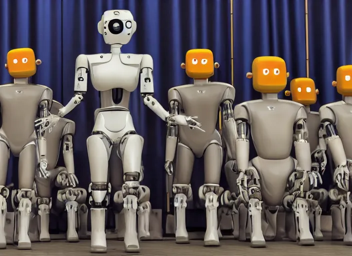 Image similar to dystopian propaganda style human robot dictator giving a speech to human robots next to two large flags with robot heads on them