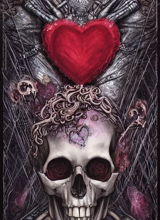 Image similar to the knave of hearts, death tarot card, highly detailed, half skull face, cinematic, 8 k, by megan duncanson, benjamin lacombe, adrian borda, stanley artgermm, tom bagshaw, craig mullins, carne griffiths, ayami kojima, beksinski, giger, trending on deviantart, hyper detailed, horror, full of colour