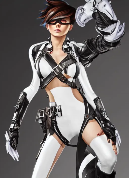 Image similar to full body artwork of tracer overwatch, wearing white latex and leather straps catsuit outfit, in style of mark arian, angel wings, dramatic painting, wearing detailed leather collar, chains, black harness, detailed face and eyes,