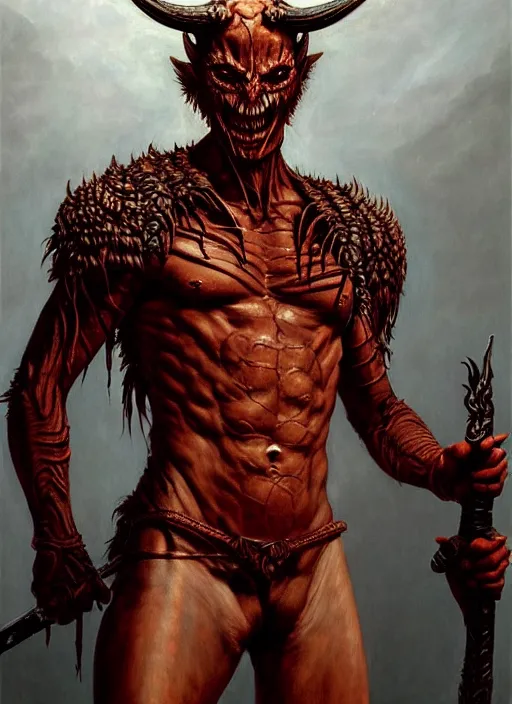 Prompt: devil man intricate skin pattern texture, savage, full body, holding a sword, hyper realistic, extremely detailed, dnd character art portrait, dark fantasy art, intricate fantasy painting, dramatic lighting, vivid colors, deviant art, artstation, by edgar maxence and caravaggio and michael whelan and delacroix.