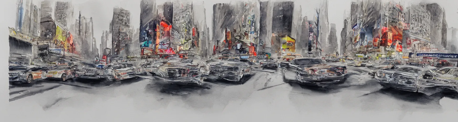 Image similar to a detailed watercolor sketch of cars racing in new york city