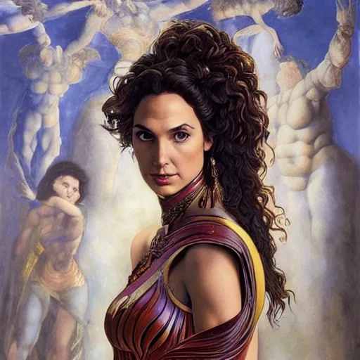 Image similar to Full body oil painting of the beautiful woman Gal Gadot, she is wearing a peplos and a surreal ornate, her hair is natural disheveled, she is approaching heaven, she is standing in some ancient ruins, naturalism, dramatic lighting, high-detailed oil painting by Ilya Repin, Michelangelo da Caravaggio, William Blake, Alex Grey and Beksinski, trending on Artsatio, hystorical painting, masterpiece, 4k, 8k,
