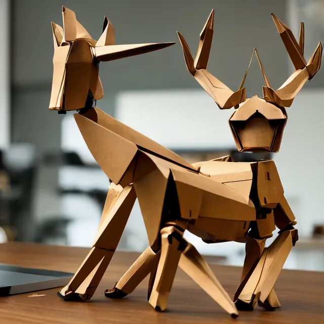 Image similar to a photograph of a deer origami and a humanoid robot mecha origami on top of a wooden table