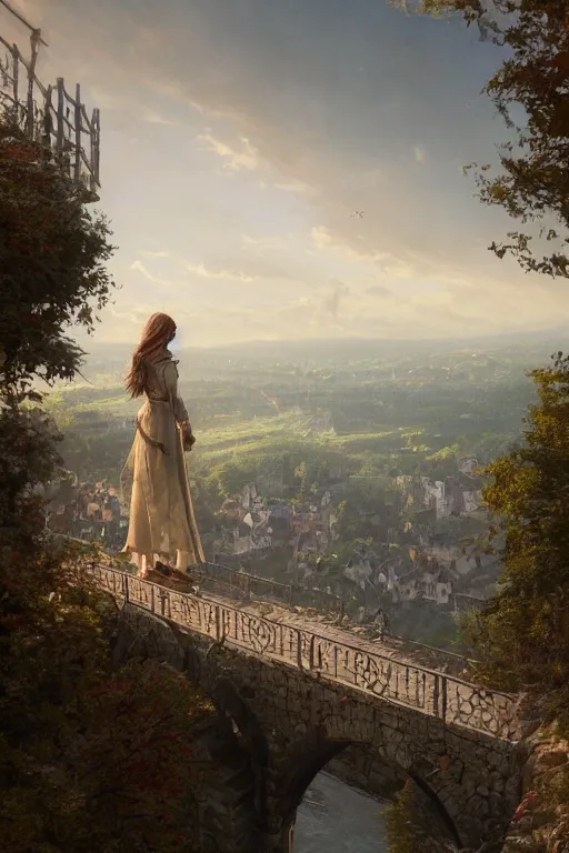 Prompt: a beautiful picture of overlook of medieval empty village, a girl stands on top of a bridge, by greg rutkowski and thomas kinkade, trending on artstation