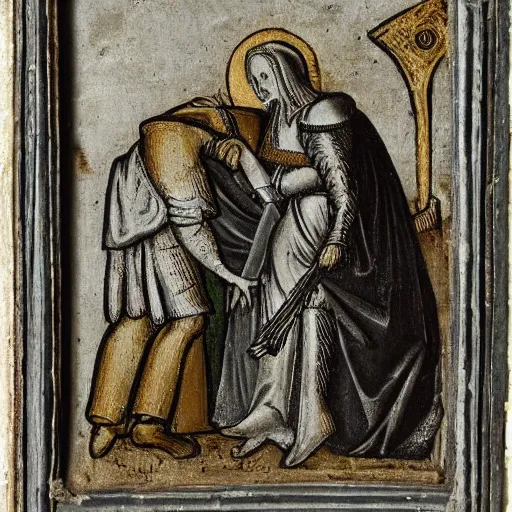 Prompt: medieval poor girl leaning down by a wounded soldier wearing silver armour