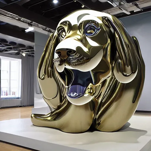 Prompt: A shiny metallic sculpture of a rough collie by Jeff Koons