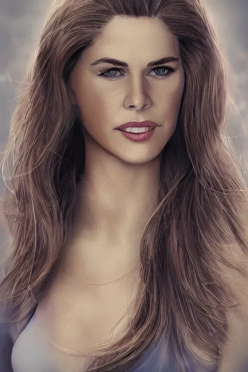 Image similar to mix of beautiful young maria shriver, mariel hemmingway, brooke shields, nicole kidman and elle macpherson as a young bikini model, thin lips, hair tied up in a pony tail, dark blonde hair, colorful, artstation, cgsociety