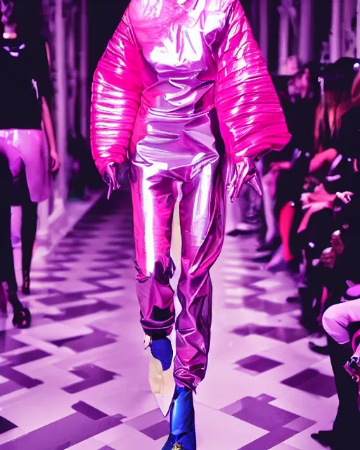 Prompt: an award winning fashion photograph of Balenciaga's fashion week 2049 campaign by Catherine Opie and Hajime Sorayama, Demna Gvasalia, cyberpunk, futuristic, Bladerunner 2049, dazzle camouflage!, dayglo pink, dayglo blue