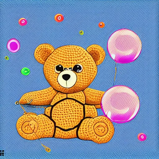 Image similar to teddybear surrounded by bubbles, vector art, crochet, cute, art print, lithography