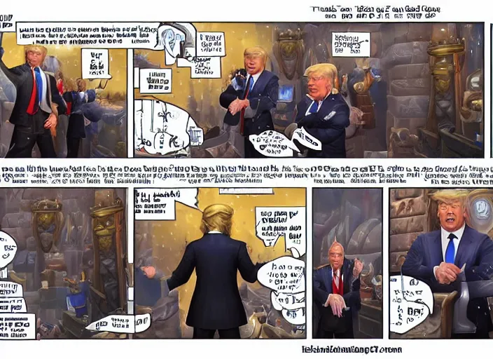 Prompt: donald trump at the auction house in ironforge world of warcraft