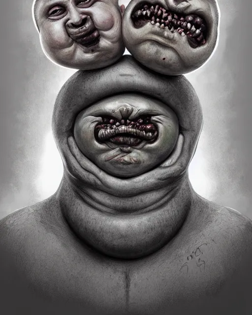 Image similar to Two-headed portrait Painting of a chubby fat EXTRATERRESTRIAL creature with big bulging eyes, white milky eyes, eyeballs, two heads, flabby skin, excess skin hanging from cheeks, straw-like beard growing from face, disgusting, creepy, unsettling, horror, upper body, intricate, wild, highly detailed, digital painting, artstation, concept art, smooth, sharp focus, illustration, art by artgerm and greg rutkowski and alphonse mucha