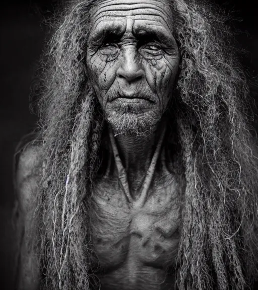 Prompt: Award winning reportage photo of prehistoric Cavepersons with incredible insane hair and beautiful hyper-detailed eyes wearing traditional garb by Lee Jeffries, 85mm ND 5, perfect lighting, gelatin silver process