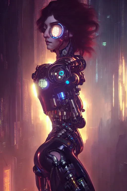 Image similar to ultra realistic, beautiful female cyborg in a crowded smoky cyberpunk club in space megalopolis, sci - fi, intricate details, eerie, highly detailed, octane render, 8 k, art by artgerm and alphonse mucha and greg rutkowski