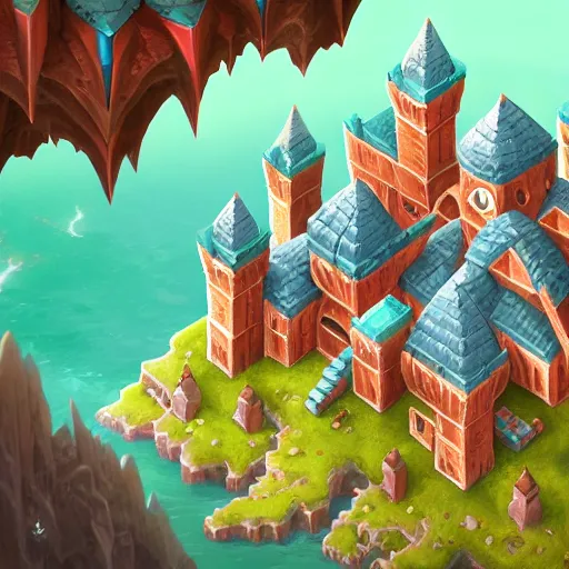Image similar to flying castle location. game illustration, gamedev, game, design, mobile, aerial view, isometric, blizzard, playrix, nexters, intricate, elegant, pixel perfect, fantasy, highly detailed, digital painting, trending on artstation, sharp focus, by irina knk, by ann bruhanova, by zze festa, by tatiana gromova, 4 k