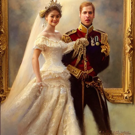 Image similar to detailed painting of prince william marrying attractive gigi hadid, highly detailed painting by gaston bussiere, craig mullins, j. c. leyendecker 8 k, 4 k, smiling couple, royal painting, human face, watercolor, realistic human